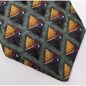 Vintage Oscar de la Renta Mens Tie, Green Yellow Geometric Pattern, Silk